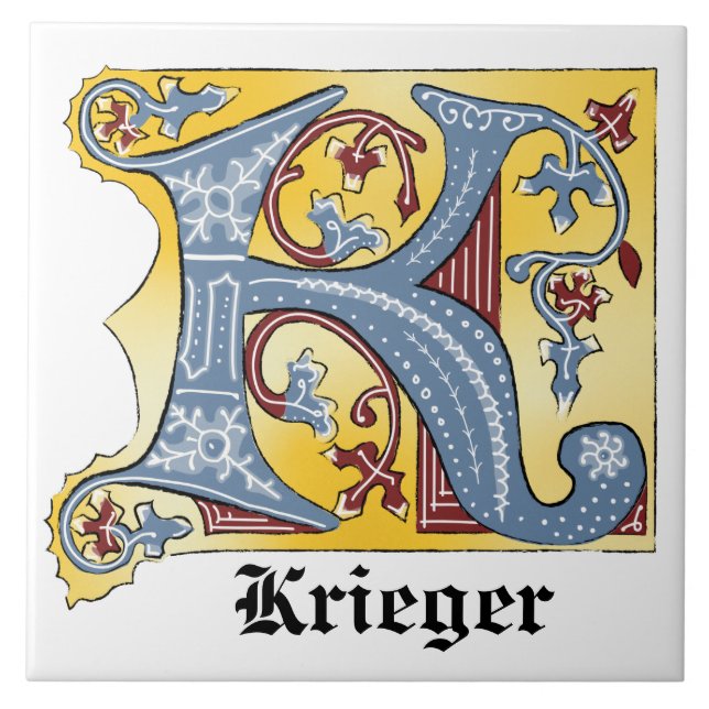 Medieval Blue och Red Ivy Upplyst Brev K Kakelplatta (Framsidan)