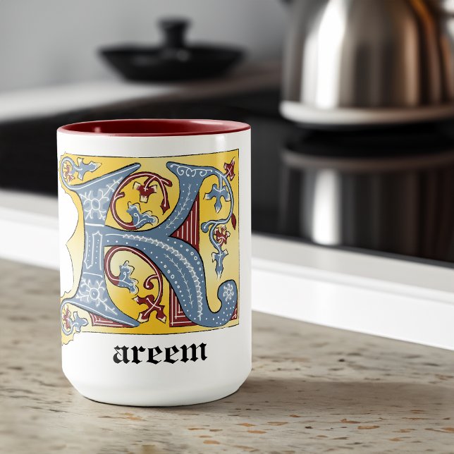 Medieval Blue och Red Ivy Upplyst Brev K Mugg (Skapare uppladdad)