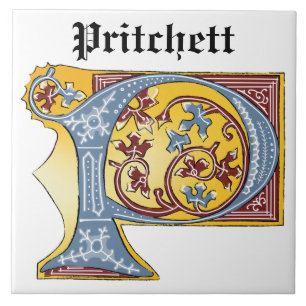 Medieval Blue och Red Ivy Upplyst Brev P Kakelplatta