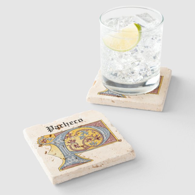 Medieval Blue och Red Ivy Upplyst Brev P Stenunderlägg (Sidan)