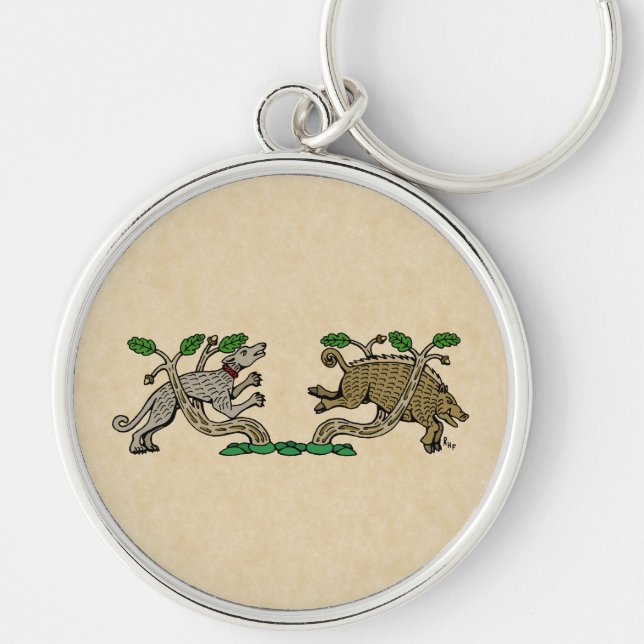 Medieval Boar Hunt Rund Silverfärgad Nyckelring (Framsidan)