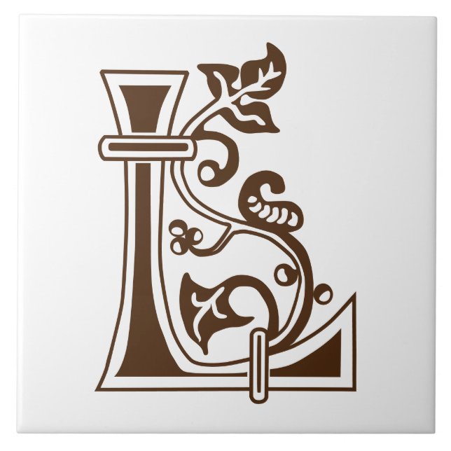 Medieval botaniskt dekorativt versalt L Kakelplatta (Framsidan)