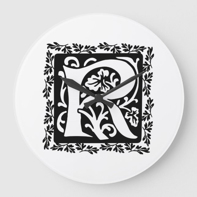 Medieval Brev R Monogram Black and White Stor Klocka (Framsida)