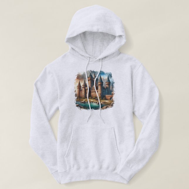 Medieval Castle från en tranquil River vid Sunset Hoodie (Design framsida)