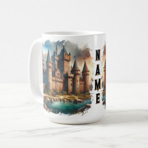 Medieval Castle från en tranquil River vid Sunset Kaffemugg