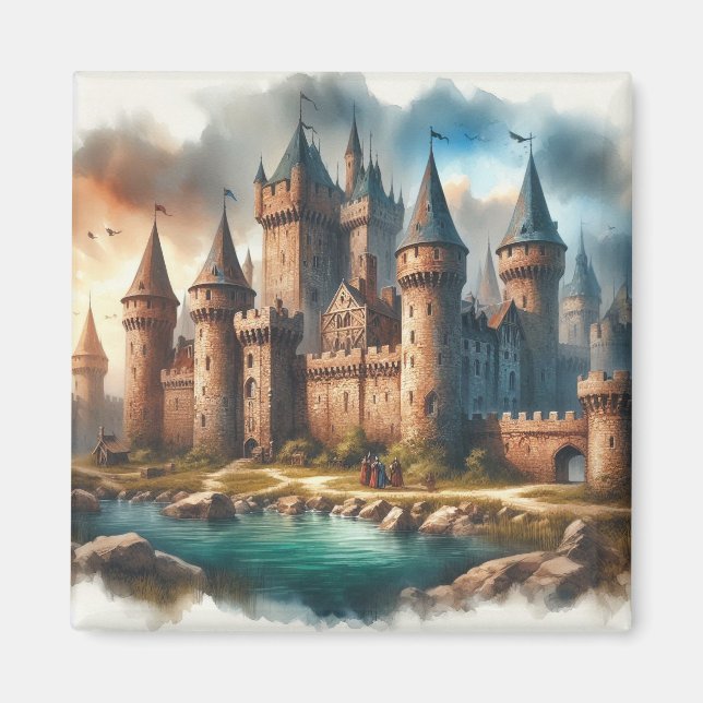 Medieval Castle från en tranquil River vid Sunset Magnet (Framsidan)
