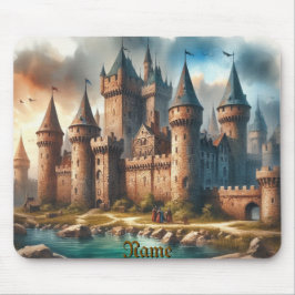 Medieval Castle från en tranquil River vid Sunset Musmatta