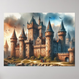 Medieval Castle från en tranquil River vid Sunset Poster