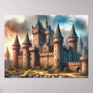 Medieval Castle från en tranquil River vid Sunset Poster