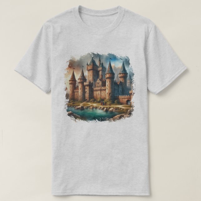 Medieval Castle från en tranquil River vid Sunset T Shirt (Design framsida)