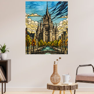 Medieval Castle over Canal Stained Glass Art Illus Poster