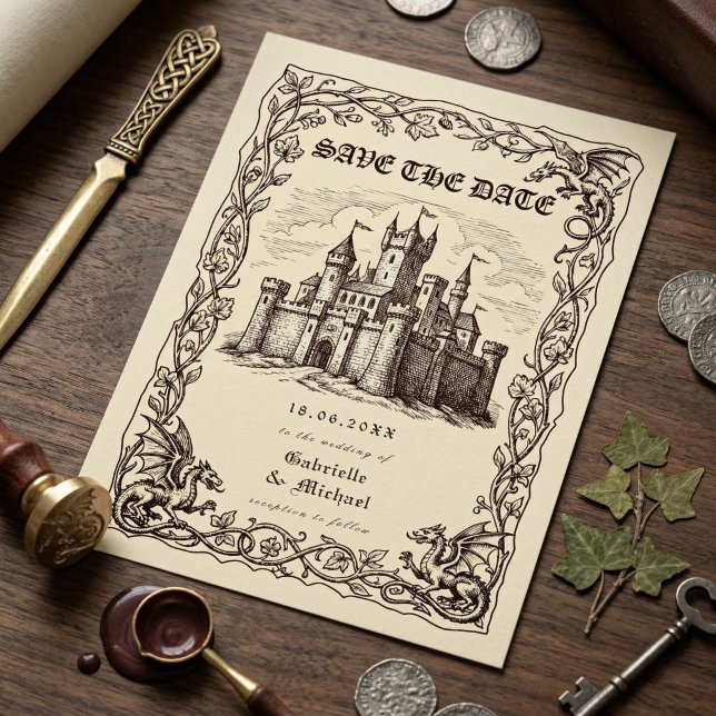 Medieval Castle Sepia Illustration Wedding Spara Datumet (Skapare uppladdad)