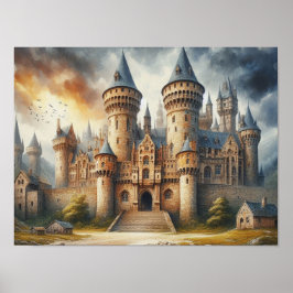 Medieval Castle vid Sunset med Atmosfärisk Himmel Poster