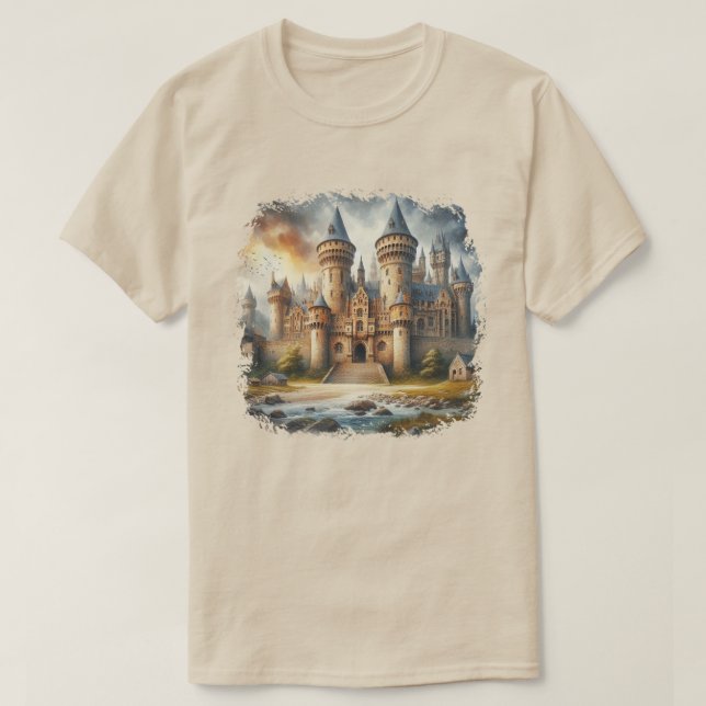 Medieval Castle vid Sunset med Atmosfärisk Himmel T Shirt (Design framsida)
