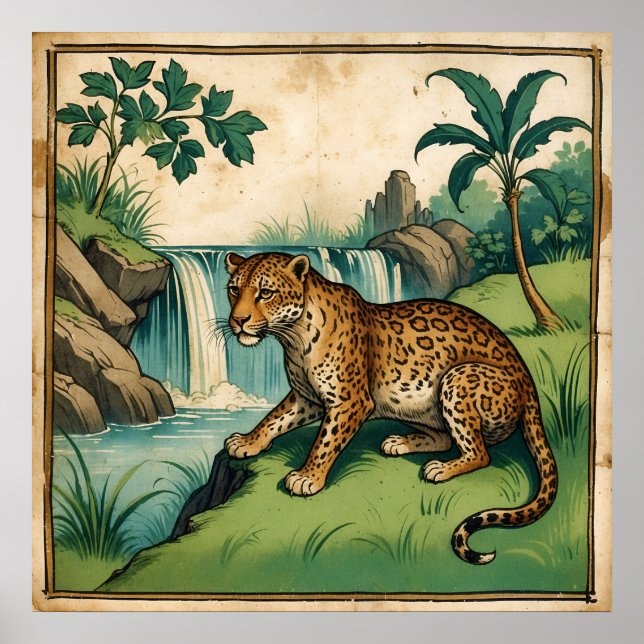 Medieval Charming Waterfall Leopard Poster (Framsidan)