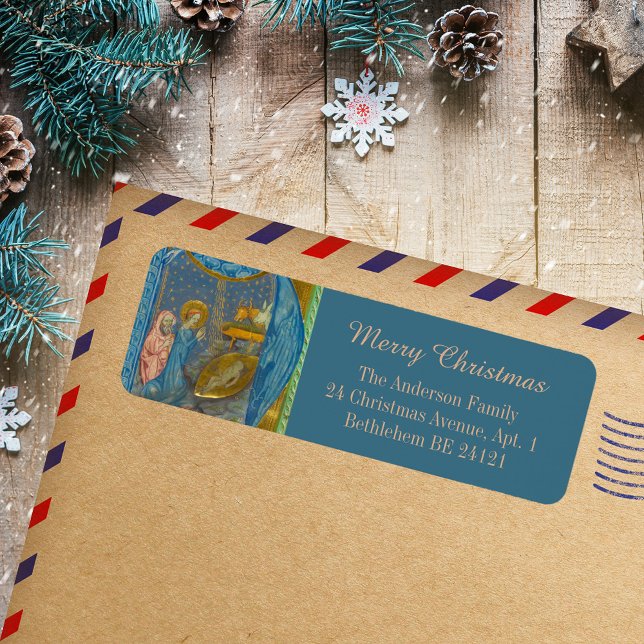 Medieval Christian Ntivity Scene God jul Returadress Etikett (Medieval Manuscript Religious Christian Catholic Nativity Scene Merry Christmas Return Address Label)