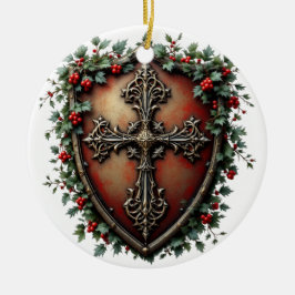 Medieval Christmas Shield with Gothic Cross Julgransprydnad Keramik