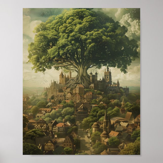 Medieval City med Giant Träd Poster (Framsidan)