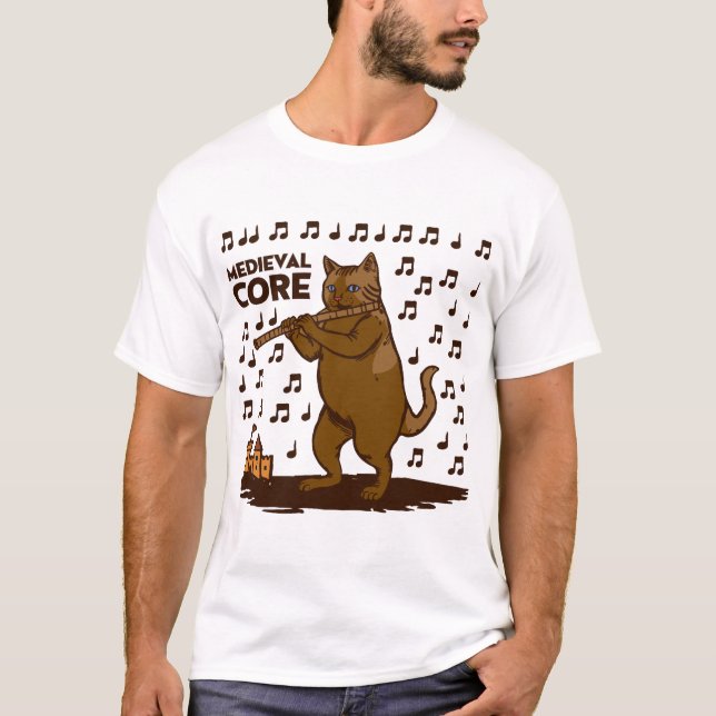 Medieval Core Funny Cat Playing Flute Art T Shirt (Framsida)