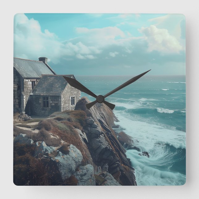 Medieval Cottage på en Cliff Fyrkantig Klocka (Framsida)