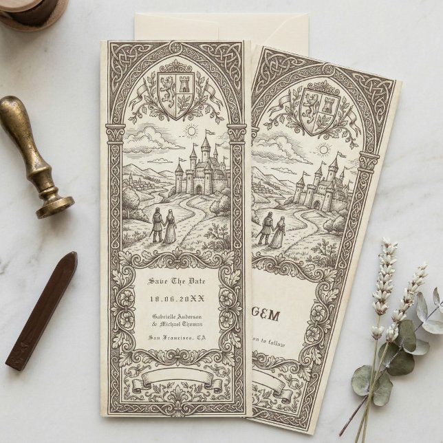 Medieval Crest Wedding Bookmark Save The Date Inbjudningar (Skapare uppladdad)