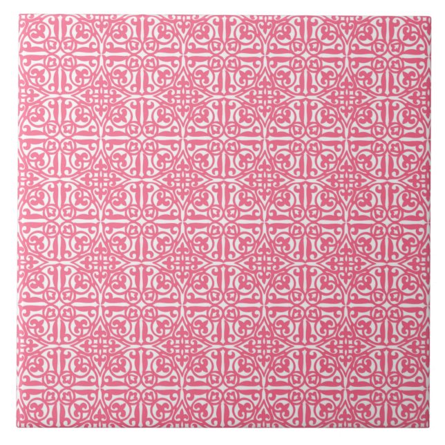 Medieval Damask Fleur-de-lis, korallets rosa och v Kakelplatta (Framsidan)