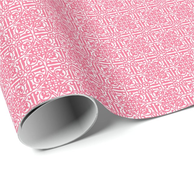 Medieval Damask Fleur-de-lis, korallets rosa och v Presentpapper (Rullad Hörn)