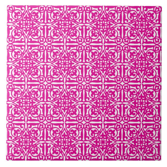 Medieval Damask Fleur-de-lis, magenta och vit Kakelplatta (Framsidan)