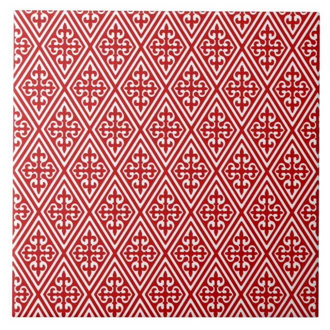 Medieval Damask Fleur-de-lis, röd och vit Kakelplatta (Framsidan)
