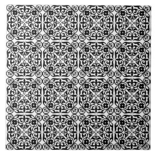Medieval Damask-mönster, svart och vitt Kakelplatta