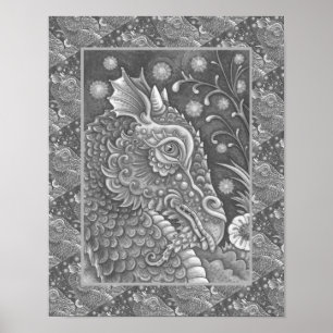 MEDIEVAL DRAGON HEAD PORTRÄTT, WHIMSICAL FANTASY POSTER