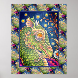 MEDIEVAL DRAGON HEAD PORTRÄTT, WHIMSICAL FANTASY POSTER