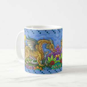 MEDIEVAL DRAGON & YOUNG, COLORFUL FOLK ART GARDEN KAFFEMUGG