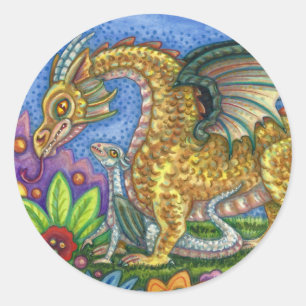 MEDIEVAL DRAGON & YOUNG, COLORFUL FOLK ART GARDEN RUNT KLISTERMÄRKE