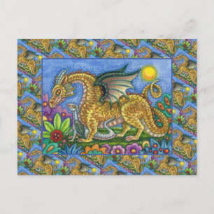 MEDIEVAL DRAGON & YOUNG, COLORFUL FOLK ART GARDEN VYKORT