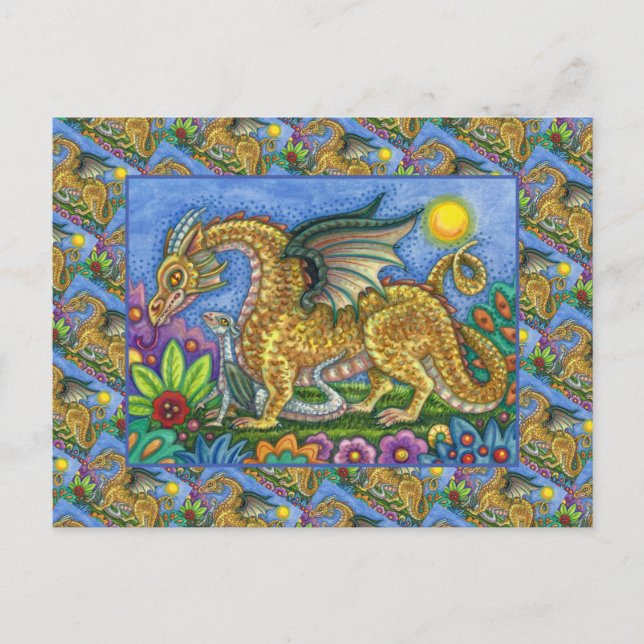 MEDIEVAL DRAGON & YOUNG, COLORFUL FOLK ART GARDEN VYKORT (Framsida)
