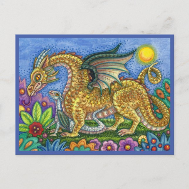 MEDIEVAL DRAGON & YOUNG, COLORFUL FOLK ART GARDEN VYKORT (Framsida)