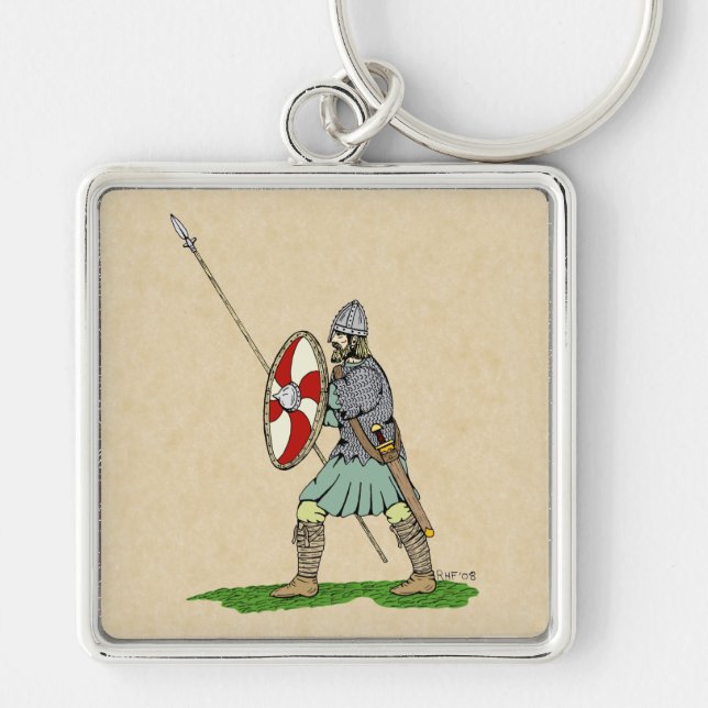 Medieval English/Saxon Warrior Fyrkantig Silverfärgad Nyckelring (Framsidan)