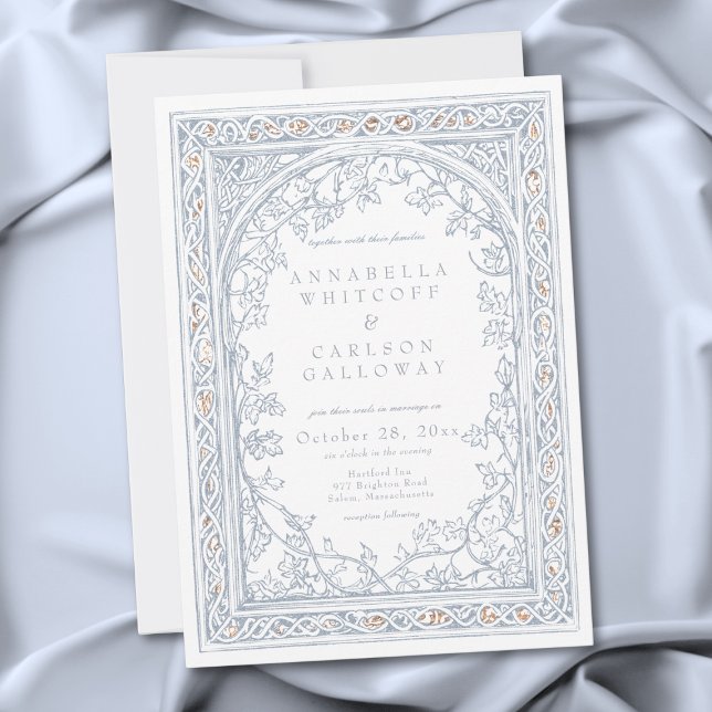 Medieval Fantasy Arch Blue & Gold Etching Wedding Inbjudningar (Medieval Fantasy Arch Blue & Gold Etching Wedding Invitation)