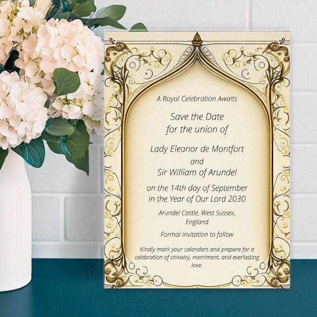 Medieval Fantasy Arged Spara datum Inbjudningar (Medieval Fantasy Arched Save The Date Invitation)