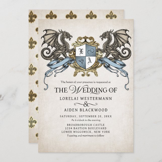 Medieval Fantasy Dragon Monogram Wedding Inbjudningar (Fram/baksida)