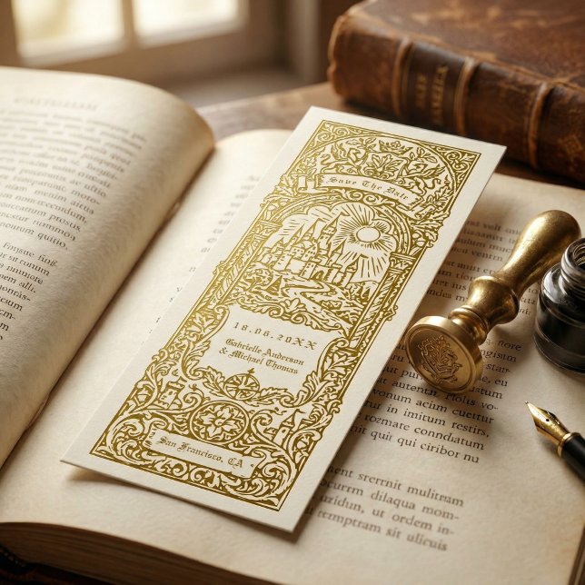 Medieval Gold Wedding Bookmark Save The Date Inbjudningar (Skapare uppladdad)