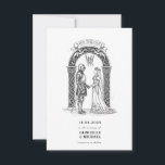 Medieval Gothic Knight Bride Groom Arch  Spara Datumet<br><div class="desc">Celebrate your union with this enchanting medieval-inspired save the date card, featuring a striking black and white illustration of a knight and his bride standing beneath an ornate gothic archway. This design evokes a sense of timeless romance and noble heritage, perfect for couples planning a wedding with a fantasy or...</div>