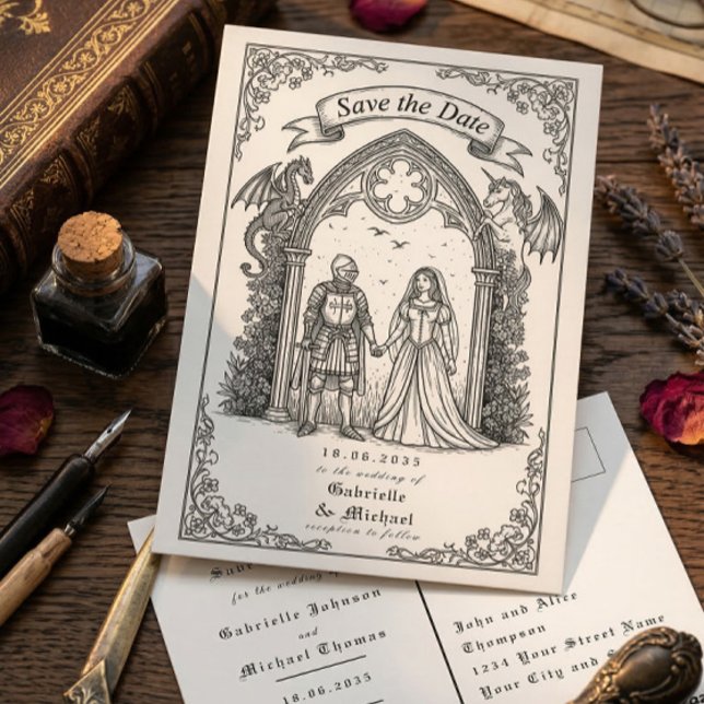 Medieval Gothic Knight Bride Groom Save The Date Vykort (Skapare uppladdad)