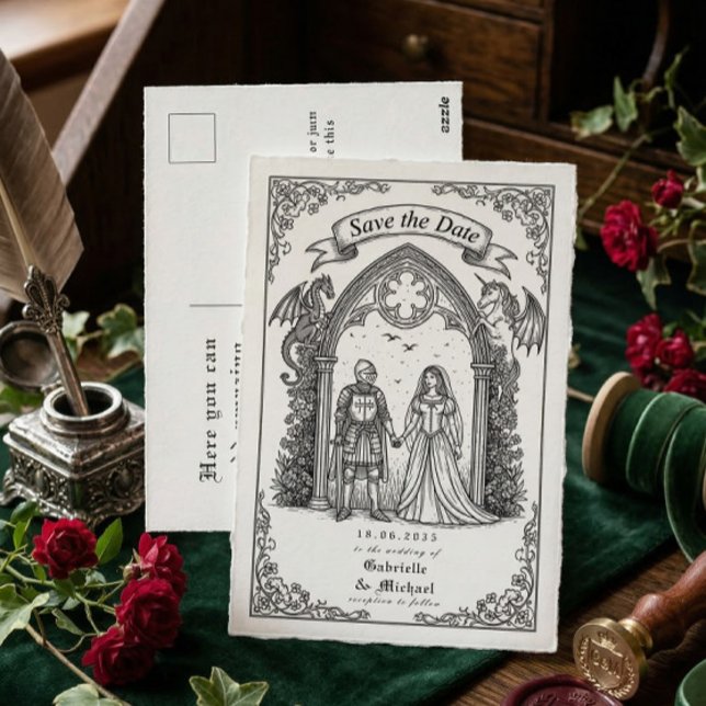 Medieval Gothic Knight Bride Groom Save The Date Vykort (Skapare uppladdad)