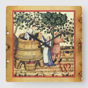 MEDIEVAL GRAPE VINEYARD HARVESMENT PARCHMENT MONOG FYRKANTIG KLOCKA