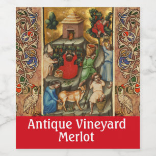 MEDIEVAL GRAPE VINEYARD HARVEST Antique Grapevine Vinflaska Etikett