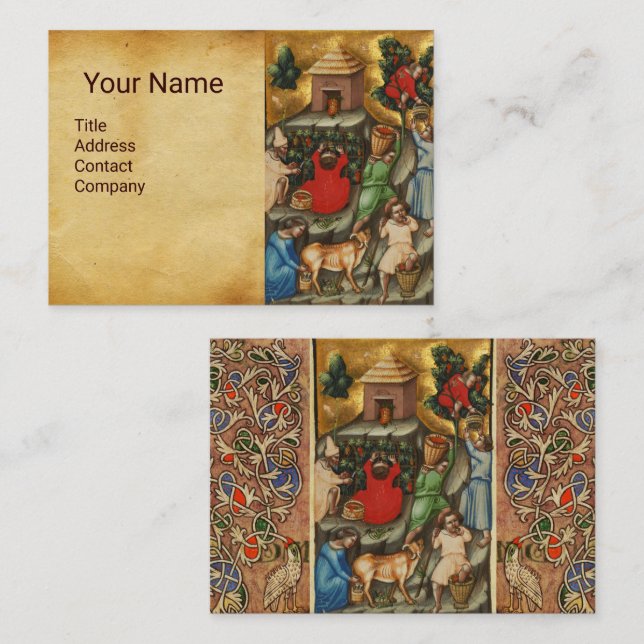 MEDIEVAL GRAPE VINEYARD HARVEST Antique Grapevine Visitkort (Fram/baksida)