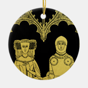 Medieval Grav Brass Rubbning Knight, Dam och Child Julgransprydnad Keramik