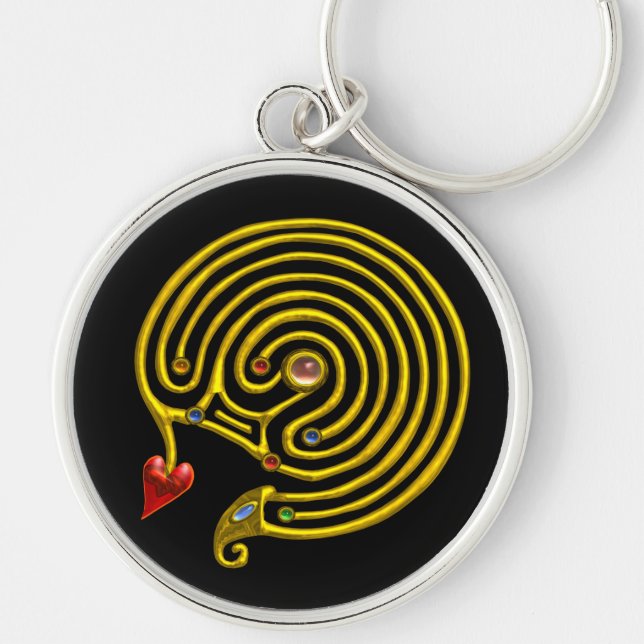 MEDIEVAL GULD HYPER LABYRINTH MED GEMSTONES Black Rund Silverfärgad Nyckelring (Framsidan)